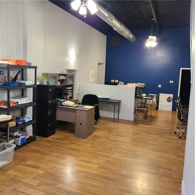 office space featuring a ceiling fan and wood finished floors