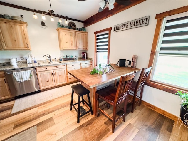 16781 E 1600th Ave, Palestine, IL 62451 - kitchen featuring dishwasher, light brown cabinets, light wood-style flooring, and ceiling fan