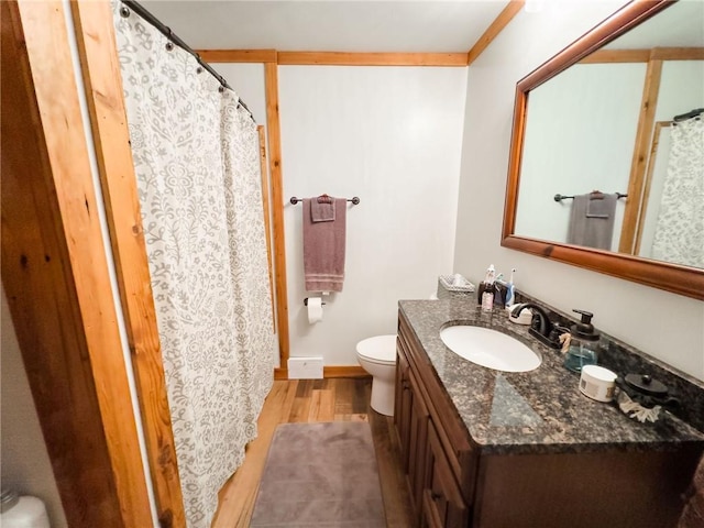16781 E 1600th Ave, Palestine, IL 62451 - bathroom with toilet, wood finished floors, vanity, baseboards, and curtained shower
