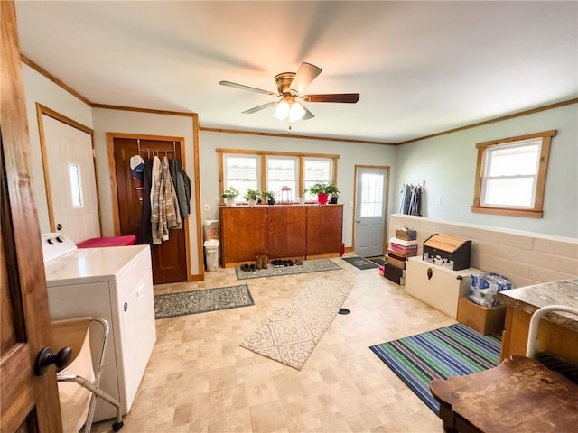 16781 E 1600th Ave, Palestine, IL 62451 - foyer entrance featuring separate washer and dryer, a ceiling fan, and ornamental molding