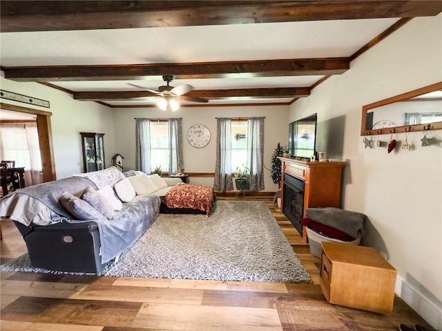 16781 E 1600th Ave, Palestine, IL 62451 - living room with plenty of natural light, wood finished floors, a fireplace, beam ceiling, and baseboards