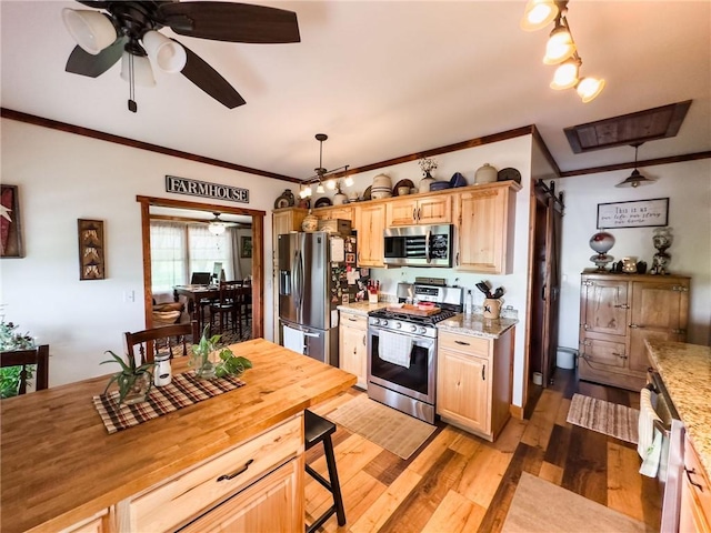 16781 E 1600th Ave, Palestine, IL 62451 - kitchen with appliances with stainless steel finishes, light brown cabinets, ceiling fan, crown molding, and light wood-style flooring