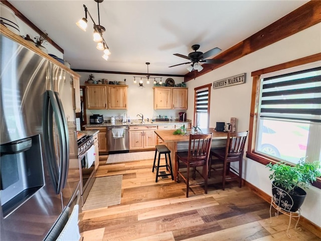 16781 E 1600th Ave, Palestine, IL 62451 - kitchen featuring stainless steel appliances, light countertops, a sink, ceiling fan, and light wood-style floors