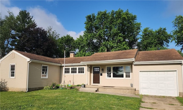 89 Pifers Ln, Sullivan, IL 61951 - ranch-style house with an attached garage, a front yard, a chimney, and driveway