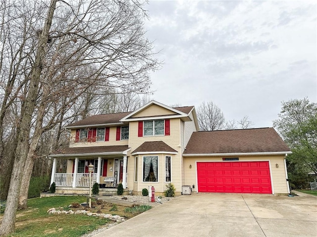 109 Brush Creek Dr, Marshall, IL 62441 - traditional-style house with a shingled roof, driveway, covered porch, and a garage