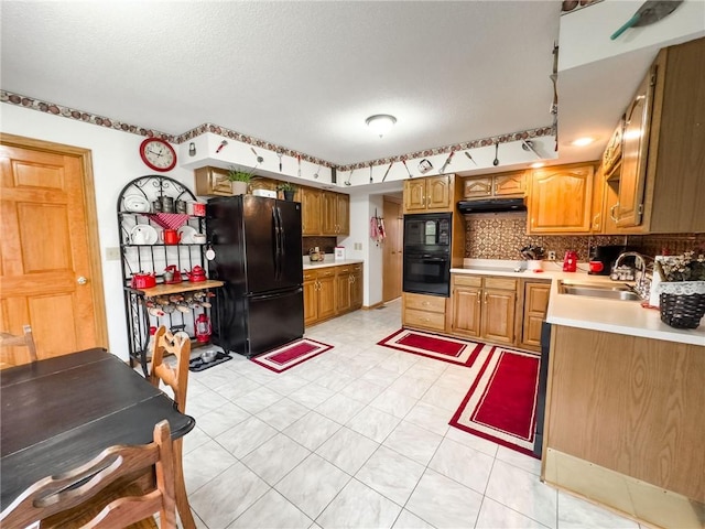 109 Brush Creek Dr, Marshall, IL 62441 - kitchen featuring under cabinet range hood, light countertops, a sink, decorative backsplash, and black appliances