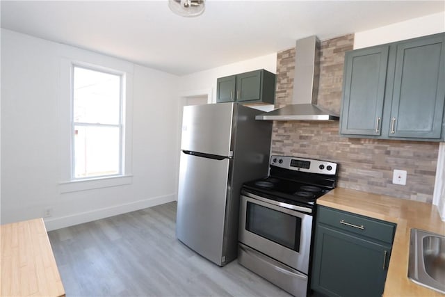 kitchen featuring a sink, decorative backsplash, light wood-style floors, appliances with stainless steel finishes, and wall chimney exhaust hood