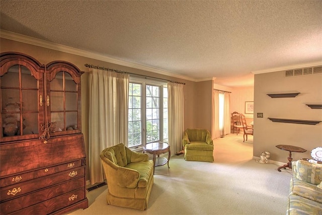 5307 Yavapai Dr, Forsyth, IL 62535 - sitting room featuring ornamental molding, carpet floors, and a textured ceiling
