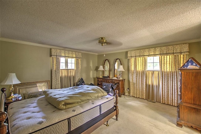 5307 Yavapai Dr, Forsyth, IL 62535 - bedroom featuring multiple windows, crown molding, light carpet, a textured ceiling, and a ceiling fan
