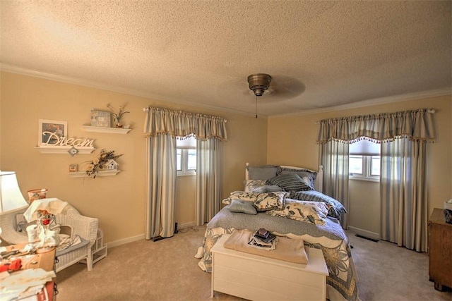5307 Yavapai Dr, Forsyth, IL 62535 - bedroom with ornamental molding, light carpet, a textured ceiling, and a ceiling fan