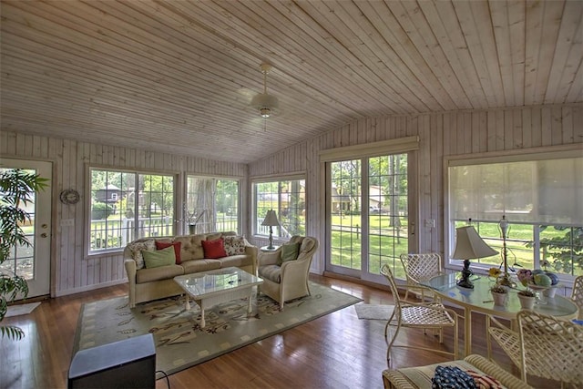 5307 Yavapai Dr, Forsyth, IL 62535 - sunroom / solarium featuring wood walls, vaulted ceiling, wood ceiling, and wood finished floors