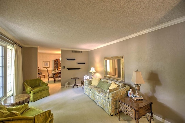 5307 Yavapai Dr, Forsyth, IL 62535 - carpeted living area with a textured ceiling and crown molding