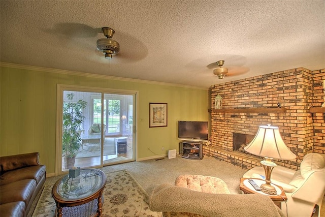 5307 Yavapai Dr, Forsyth, IL 62535 - living room featuring a ceiling fan, a textured ceiling, carpet, ornamental molding, and a brick fireplace