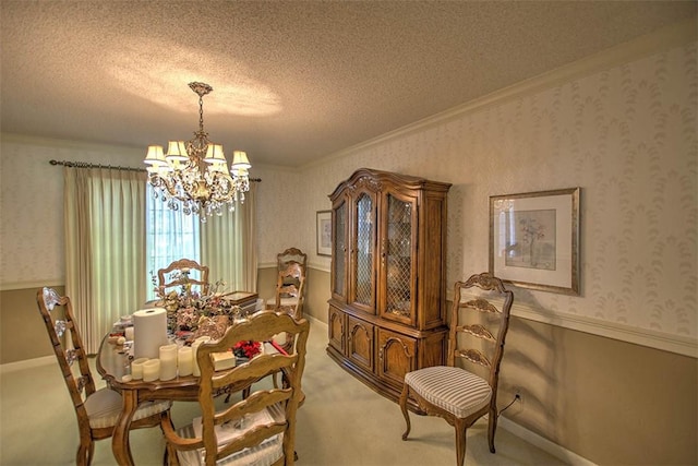 5307 Yavapai Dr, Forsyth, IL 62535 - dining space featuring a chandelier, a textured ceiling, light carpet, crown molding, and wallpapered walls
