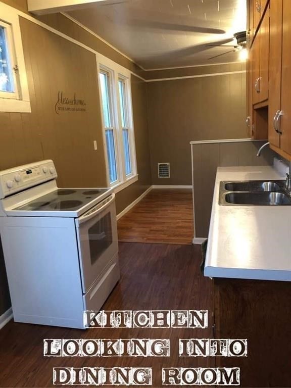 kitchen with dark hardwood / wood-style floors, sink, white electric stove, and crown molding