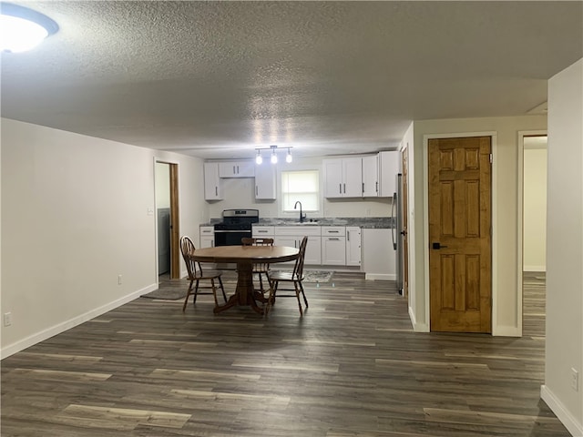 dining space with sink, dark hardwood / wood-style floors, and a textured ceiling