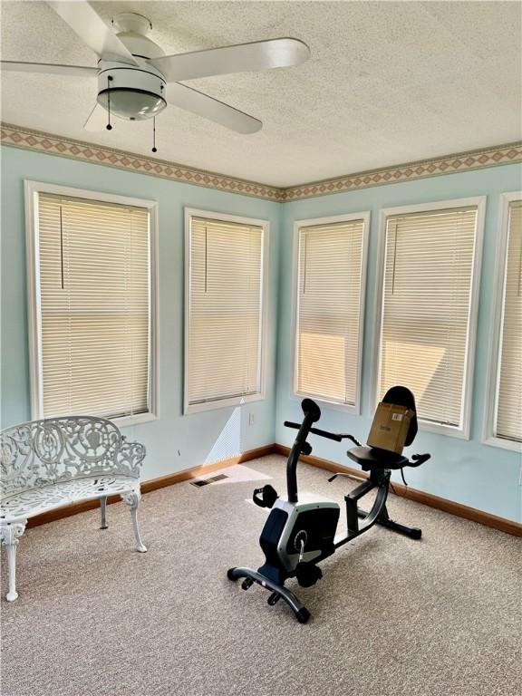 workout room with visible vents, baseboards, ceiling fan, carpet flooring, and a textured ceiling