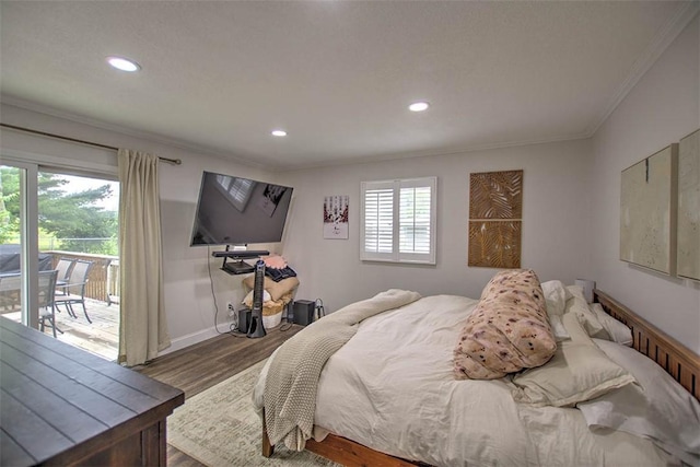 5354 N Macarthur Rd, Forsyth, IL 62535 - bedroom featuring crown molding, access to exterior, wood finished floors, and recessed lighting