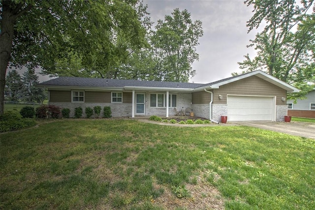 5354 N Macarthur Rd, Forsyth, IL 62535 - single story home with a garage, concrete driveway, a front yard, and brick siding