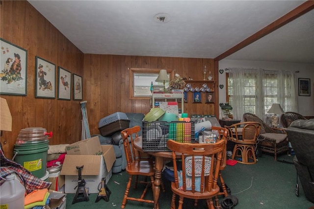 1104 N 30th St, Mattoon, IL 61938 - dining area featuring carpet flooring, wooden walls, and plenty of natural light