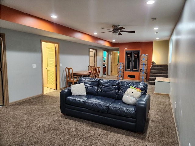 1422 Ohio Ave, Windsor, IL 61957 - carpeted living room with stairway, recessed lighting, and a ceiling fan