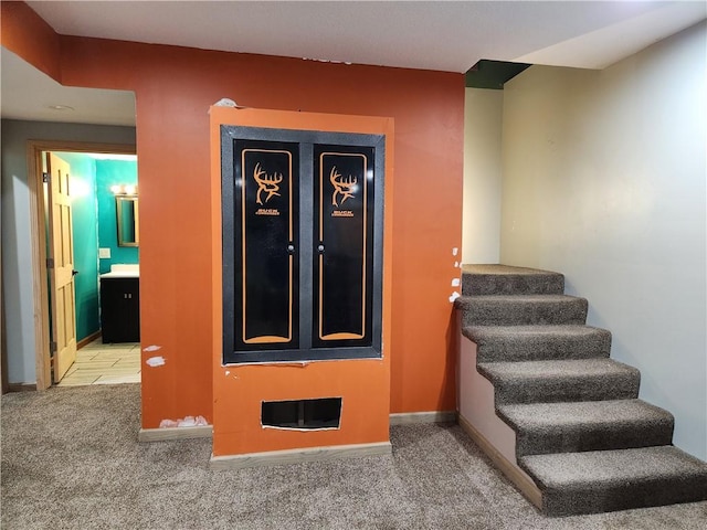 1422 Ohio Ave, Windsor, IL 61957 - staircase featuring carpet flooring and baseboards