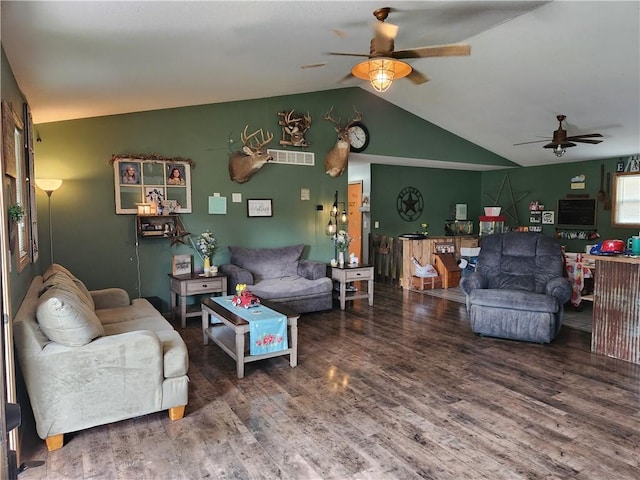1422 Ohio Ave, Windsor, IL 61957 - living room with a ceiling fan, vaulted ceiling, and wood finished floors