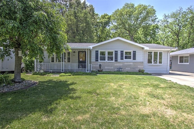 2631 Gregory Ct, Decatur, IL 62526 - ranch-style home featuring a porch, a front lawn, and stone siding