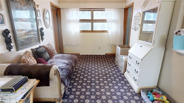 interior space featuring a baseboard heating unit, baseboards, and carpet