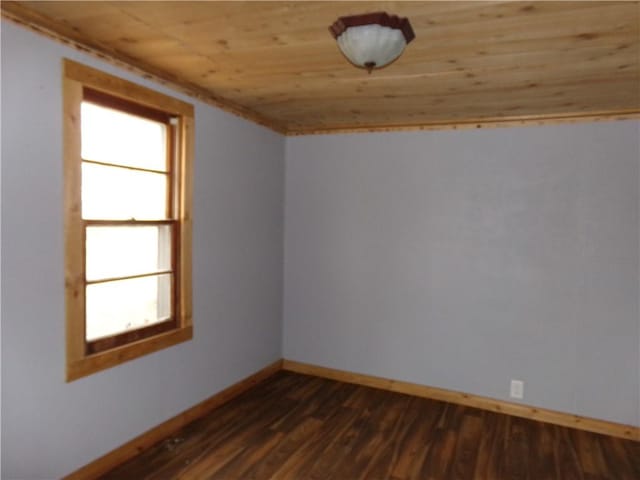 spare room featuring dark wood-type flooring, lofted ceiling, and wooden ceiling