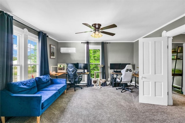 home office with crown molding, carpet flooring, and a healthy amount of sunlight