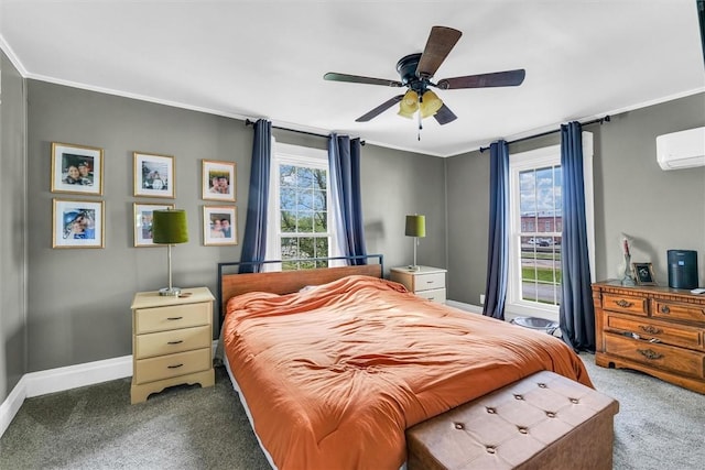 carpeted bedroom with crown molding, baseboards, ceiling fan, and an AC wall unit