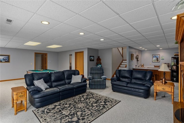 8434 Meadowview Rd, Effingham, IL 62401 - carpeted living room with billiards, stairs, recessed lighting, bar area, and a drop ceiling