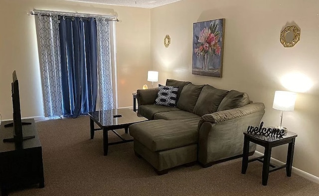 carpeted living area featuring baseboards