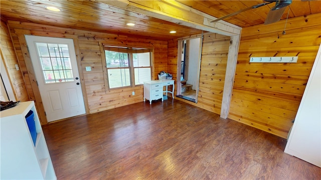 204 Bryan St, Catlin, IL 61817 - interior space with wood ceiling, ceiling fan, wooden walls, wood finished floors, and recessed lighting