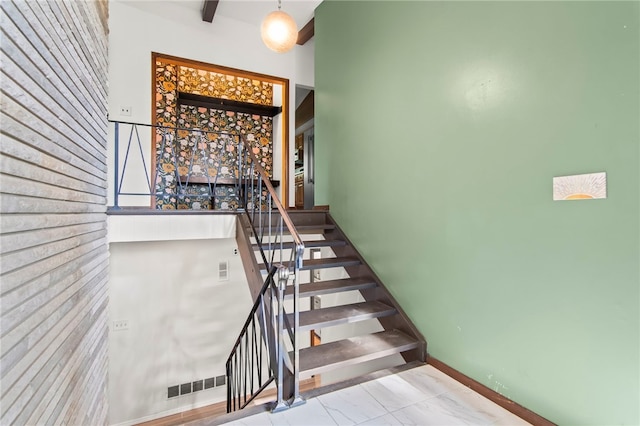 3044 Greenlake Dr, Decatur, IL 62521 - stairway featuring beam ceiling and baseboards