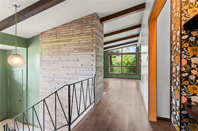 3044 Greenlake Dr, Decatur, IL 62521 - hallway featuring beam ceiling, an upstairs landing, and wood finished floors