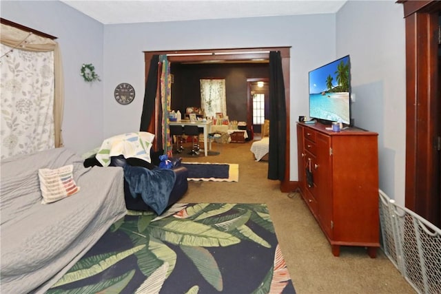 bedroom with light colored carpet