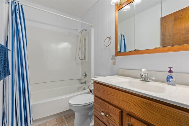 full bathroom featuring vanity, toilet, shower / tub combo, and tile patterned flooring