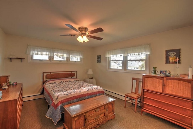 bedroom with ceiling fan, carpet floors, and baseboard heating