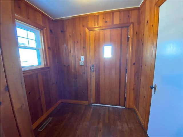 entryway featuring wooden walls and dark hardwood / wood-style flooring