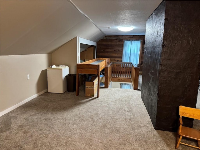 1007 10th St, Charleston, IL 61920 - bonus room with vaulted ceiling, carpet floors, wood walls, a textured ceiling, and washer / dryer