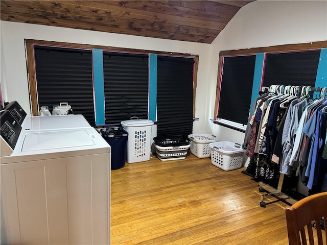 1007 10th St, Charleston, IL 61920 - laundry room with washer and clothes dryer, light wood-style floors, and wooden ceiling