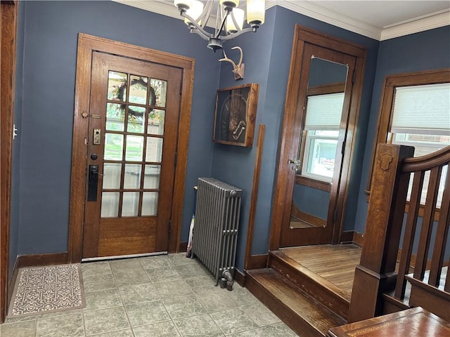 1007 10th St, Charleston, IL 61920 - doorway to outside with radiator heating unit, a chandelier, baseboards, and ornamental molding