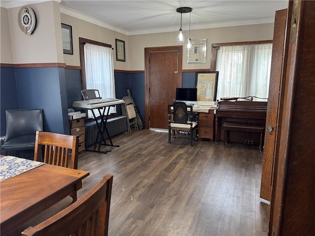 1007 10th St, Charleston, IL 61920 - office area with wood finished floors, ornamental molding, and radiator