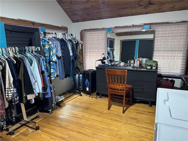 1007 10th St, Charleston, IL 61920 - office area featuring wood finished floors, vaulted ceiling, and washer / dryer