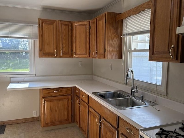 1216 Lawn Dr, Mattoon, IL 61938 - kitchen with brown cabinets, plenty of natural light, light countertops, and ornamental molding