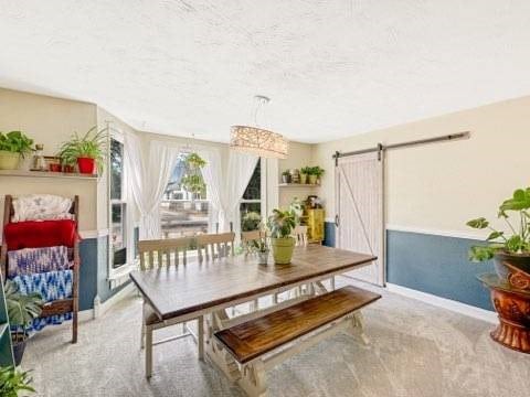 525 N 7th St, Charleston, IL 61920 - dining area featuring a barn door, a textured ceiling, and carpet floors