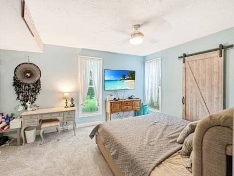 525 N 7th St, Charleston, IL 61920 - carpeted bedroom with a barn door, a ceiling fan, and a textured ceiling