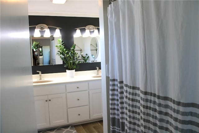 bathroom featuring a sink, curtained shower, wood finished floors, and double vanity
